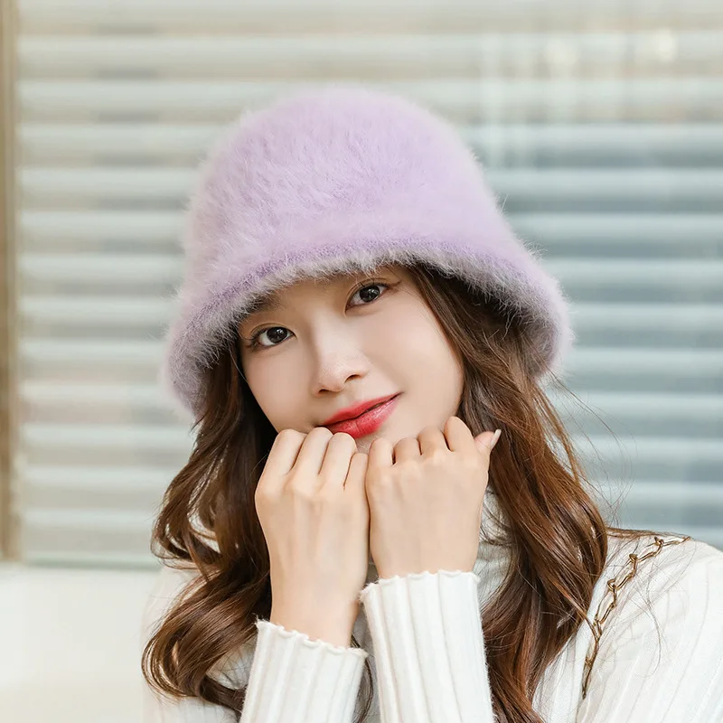 

Simple Solid Color Ladies Warm Bucket Hat Autumn Winter Plush Hat Outdoor Leisure Travel Round Top Rabbit Hair Flower Pot Hat