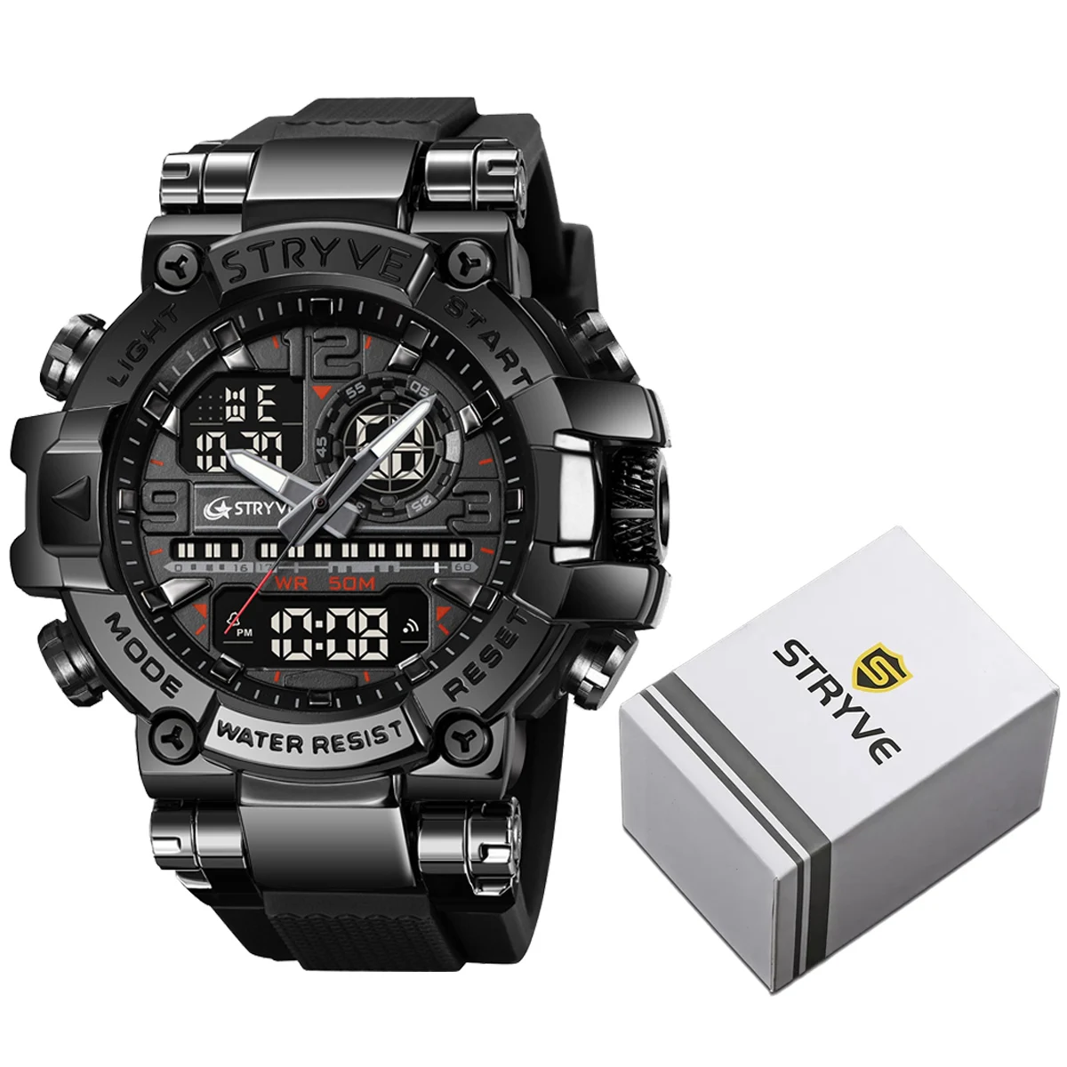 New STRYVE Watch for Men's Digital-Analog Dual Movement Calendar Week Waterproof Watches Fashion Sports Men's Wrist Watches 8025