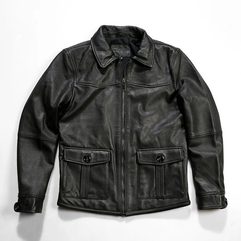 

Fall and winter season men's new British style head layer goatskin leather jacket lapel Slim fashion casual leather jacket coat