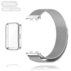 Premium Metal Strap with TPU Case & Screen Protector - Soft Milanese Magnetic Loop Replacement Band - Honor Band 9 (Silver Case ad Band)