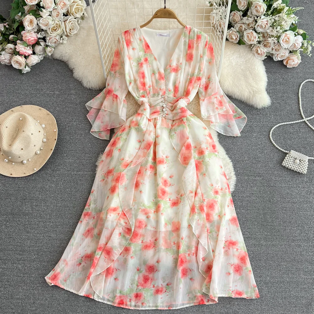 

Summer Girls Holiday Long Boho Dress Fashion Women Flare Sleeves V-Neck Slim Mid Length A-line Printed Chiffon Dress Elegant