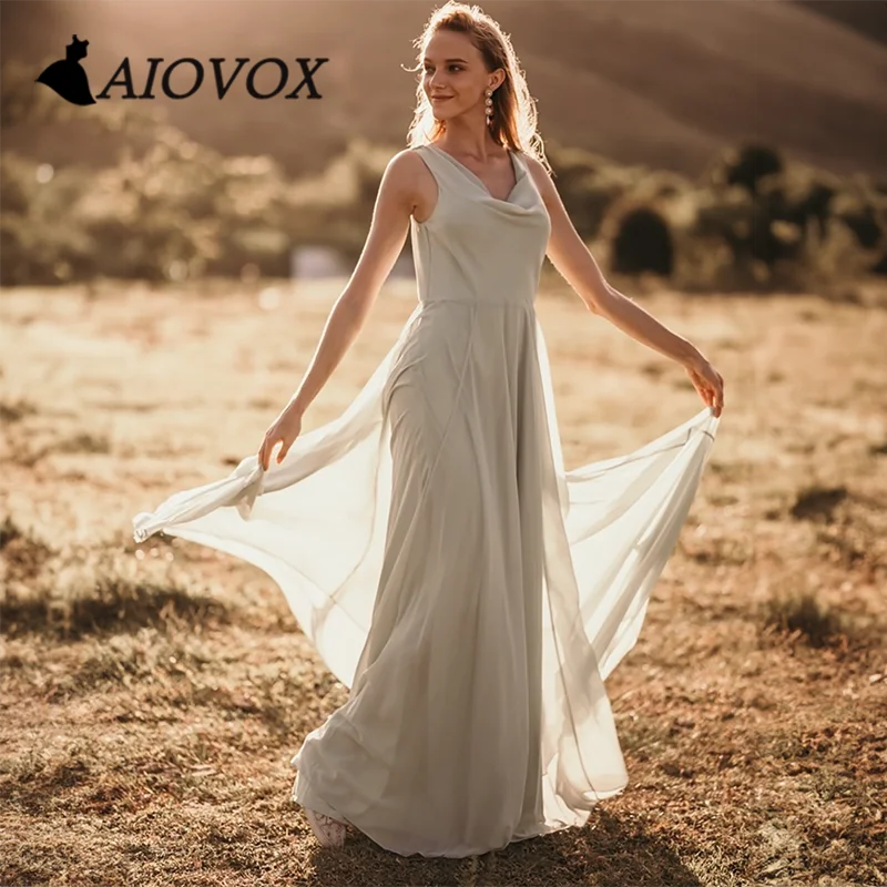 

AIOVOX Simple Draped V-neck Prom Dress Ruched Open Back Evening Gown Chiffon A-line Floor-length Vestido De Noche for Women