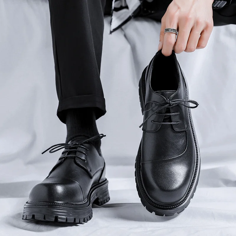 

men casual business office formal dress shoes lace-up genuine leather derby shoe black platform sneakers gentleman footwear mans