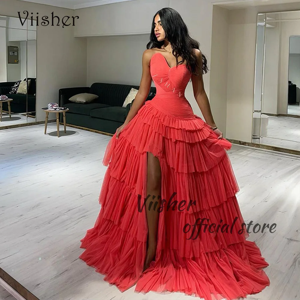 

Viisher Coral Tulle A Line Evening Dresses with Slit Sweetheart Luxury Prom Party Dress with Train Arabic Celebrate Event Dress