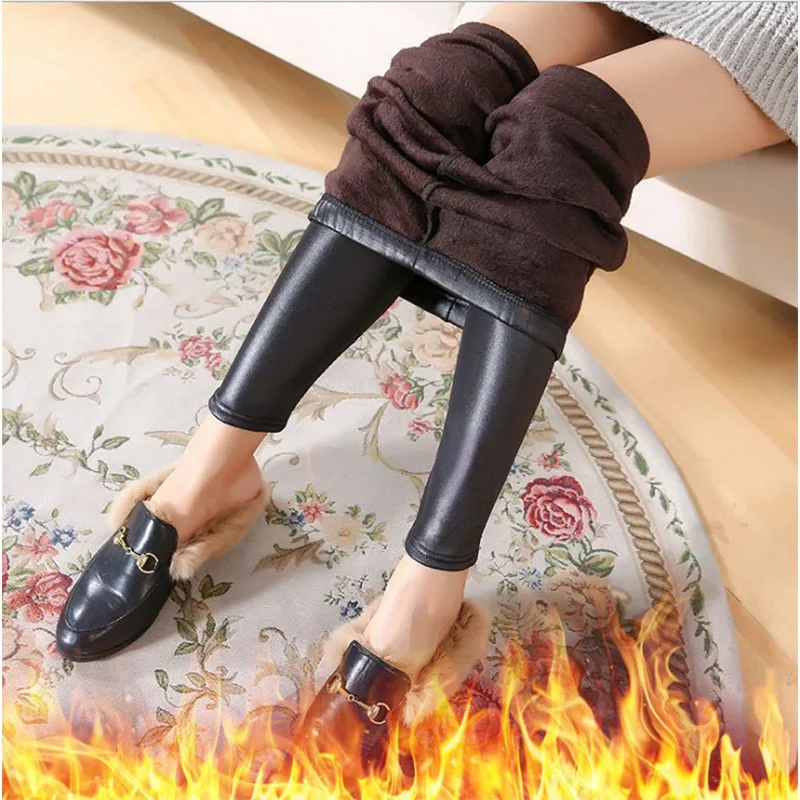 Thermal Women Leggings Fleece Winter Warm Legging Slim Elasticity Tights High Waist Thicken Leather Trousers Female Streetwear