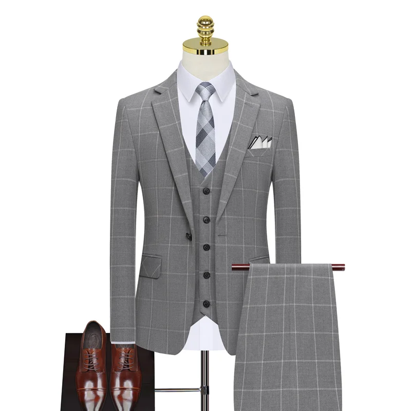

2023 High-quality suit ( + vest trousers) Fashion business trend handsome casual plaid three-piece slim fit