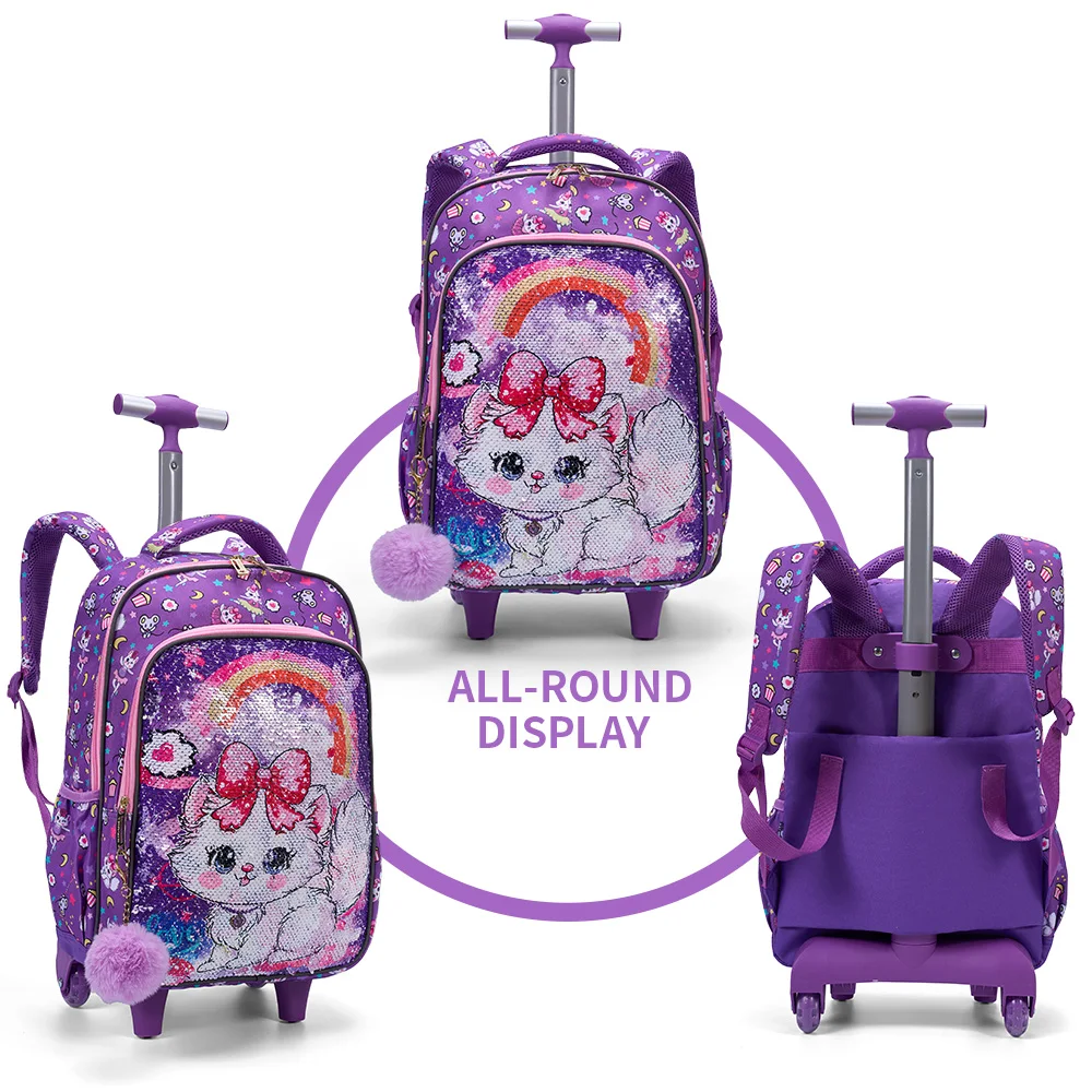 3PCS Set Rolling Backpack For Girls, Cute Cartoon Cat Sequin Design Wheeled Bags With Lunch Box And Pen Bag-Pink And Purple 3