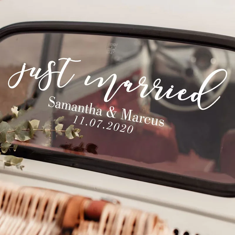 

Just Married Sign Custom Wedding Bride and Groom Name Date Car Sticker Vinyl Art Wedding Decor Car Decals Personalized Gift Q069