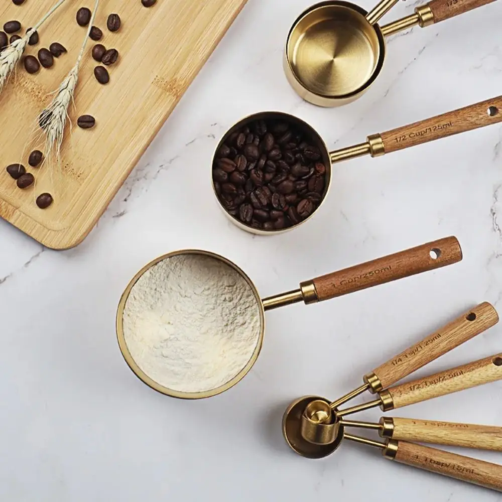 Stainless Steel Measuring Cups Spoons Gold Wooden Handle Baking Tools Sugar Salt Spice Spoon Kitchen Accessories