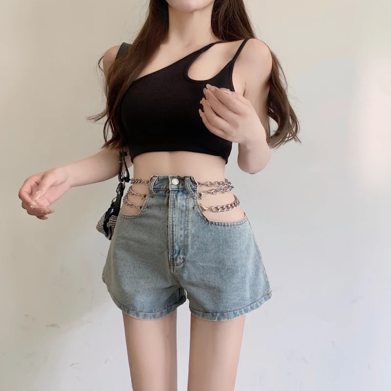 black denim shorts Fashion New Arrival Women Shorts Sexy Denim Shorts Chain Hollow Out High Waisted Summer Light Blue Mini Jeans Shorts Hot Ladies chino shorts