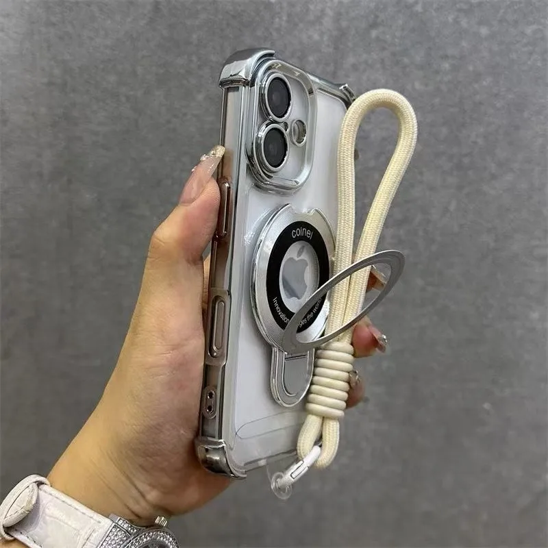Shockproof Magnetic Bracket Phone Case with Lanyard and Plating Silicone Cover