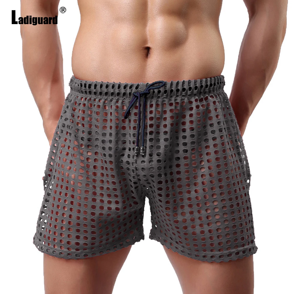 best casual shorts Ladiguard Sexy Men Hollow Out Shorts 2022 European Style Casual Beach Short Pants Solid Black Grey Loose Drawstring Half Pants casual shorts for women