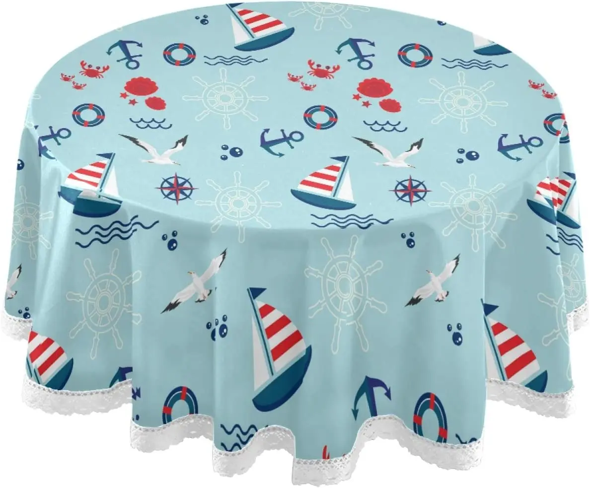 

Sailboat Anchor Steering Wheel Round Tablecloth 60 Inch Nautical Navy Blue Table Cloths Cover Washable Polyester Tabletop Decor