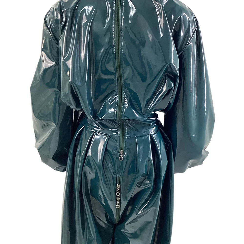 Wetlook Long Sleeve Pleat Loose Hooded Jumpsuit Mens Womens Shiny PVC Bloomers Rompers Halloween Party Cosplay Costume Zentai