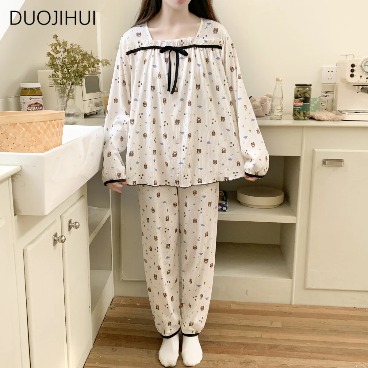 

DUOJIHUI Весенняя повседневная домашняя пижама с принтом Chicly для женщин базовый пуловер с длинным рукавом простые брюки Модные женские пижамные комплекты