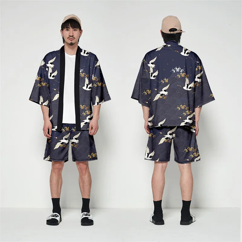 Large Size 5XL 6XL Japanese Kimono Cardigan Shorts Set Print Crane Men Women Shirt Tradition Yukata Haori Obi Cosplay Costume