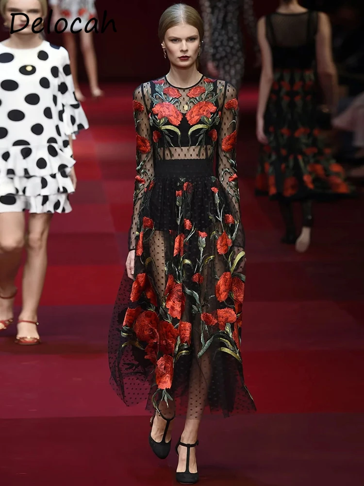 

Женское Сетчатое платье Delocah, летнее платье с длинным рукавом и вышивкой, элегантное платье трапециевидной формы в черный горошек