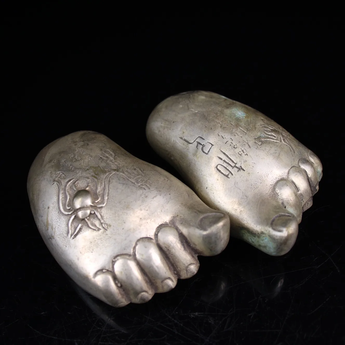 

4"Tibetan Temple Collection Old Bronze Gilt silver be content Changle boy foot statue a pair Gather fortune ornament Town house