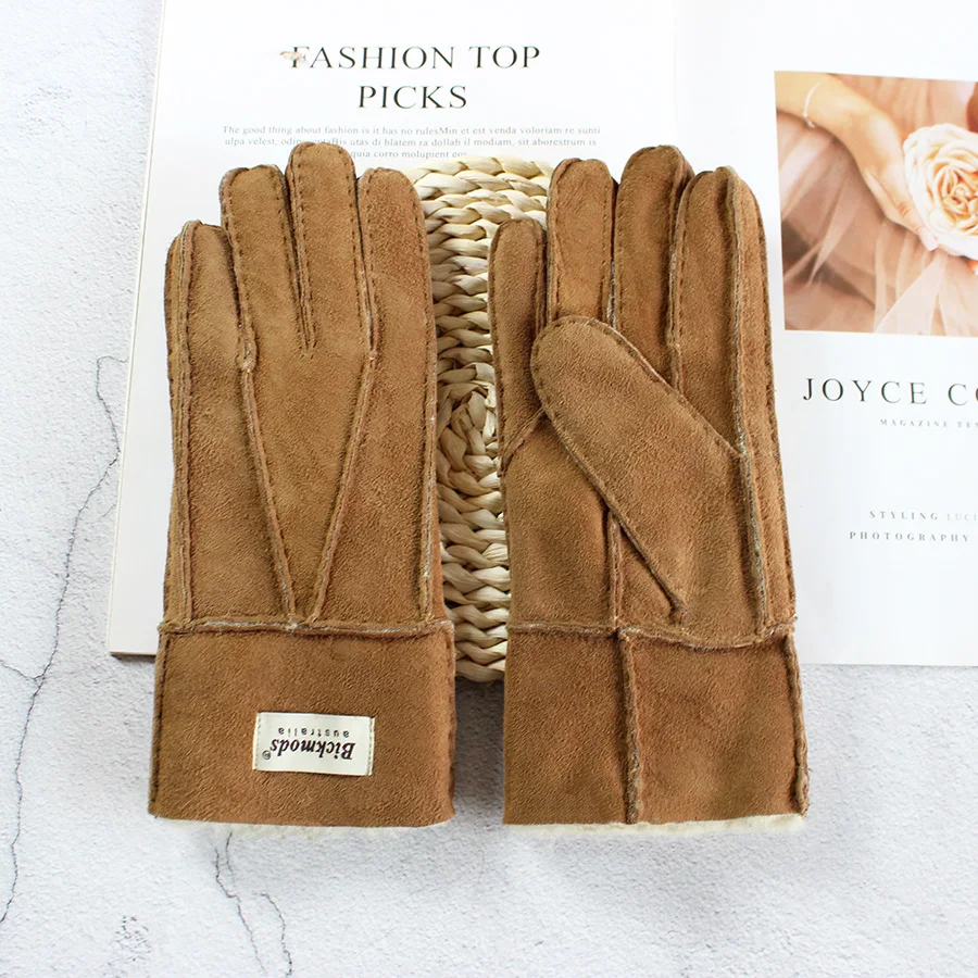 Winter Warm Sheepskin Fur Gloves Women's Leather Stitching Style Thickened Household Boy Motorcycle Riding Cold-Proof Finger