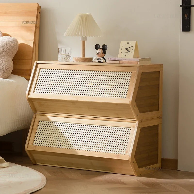 Double-layer Bamboo Nightstands for B&B Chinese Breathable Night Table Minimalist Multifunctional Bedside Table for Kitchen