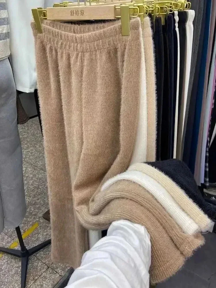 

Korean Imitation Mink Baggy Pants Women Fall Elegant Knitted Wide Leg Pantalones High Waisted Stretch Straight Trousers Z380