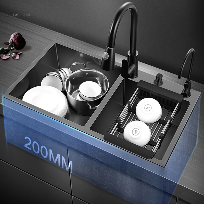 German Double-slot Kitchen Sink for Balcony Black Stainless Steel Large Capacity Sinks Creative Kitchen Sinks for Bar Counter