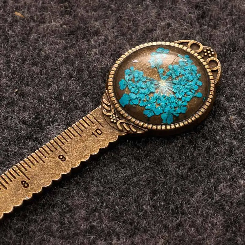 Creative Retro Bronze Round Bookmark 10cm Ruler Vintage Metal Colorful Flower Glass Gems Book Page Marker 1 Pcs