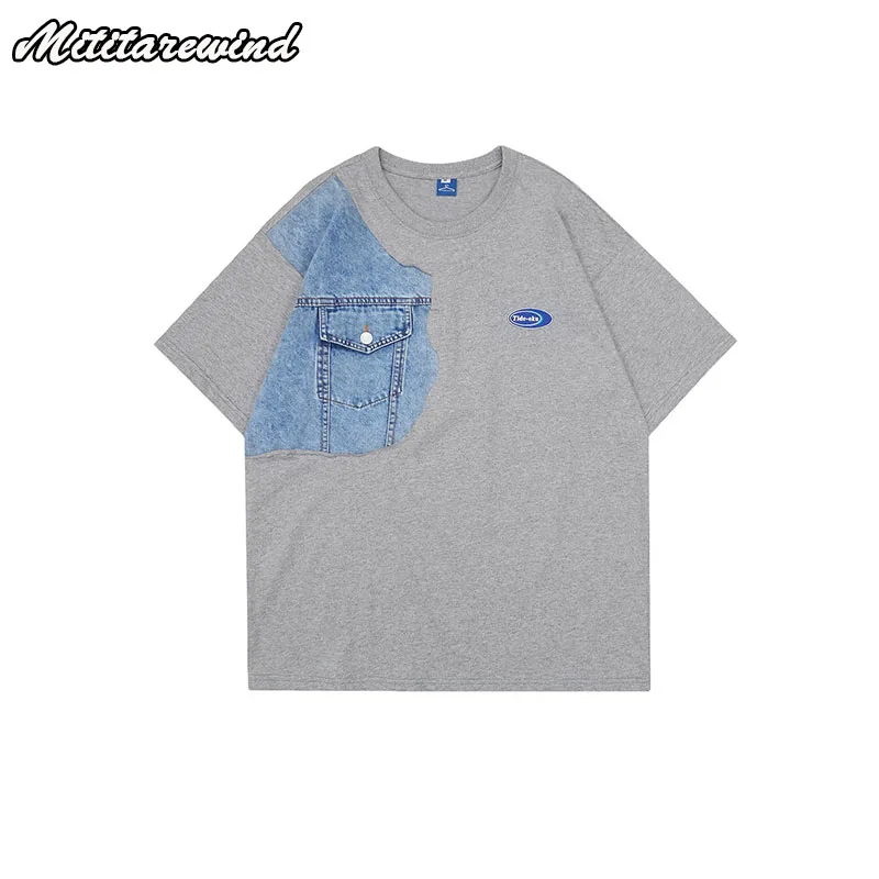 

Men's Japanese Fshion Clothing 2023 Summer Hip Hop Pure Cotton Short Seeved Denim Casual Spliced Loose Printed T-shirt