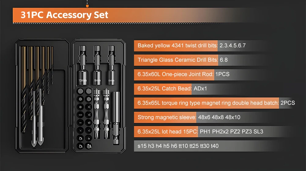 Cordless Drill Tool Set 22PCS Rechargeable Electric Screwdriver Combo Kit Portab