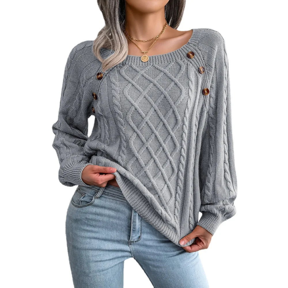

Fall/Winter 2023 Leisure Square Collar Button Twist Knitted Pullover Sweater