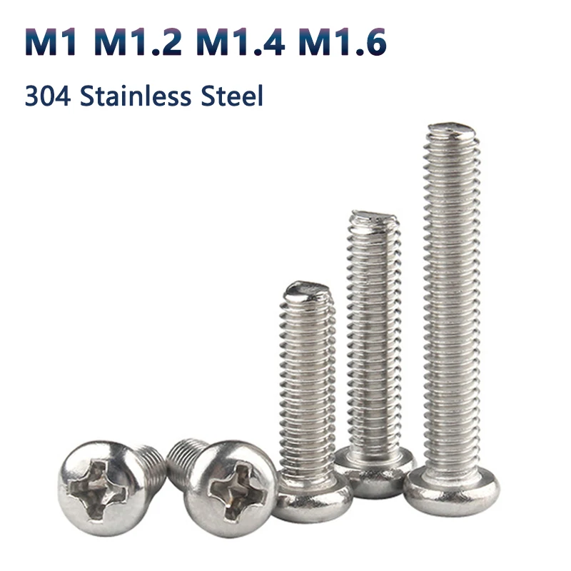 

100pcs M1 M1.2 M1.4 M1.6 Mini Round Head Cross Screw 304 Stainless Steel Small Phillips Button Head Bolt for Socket Switch