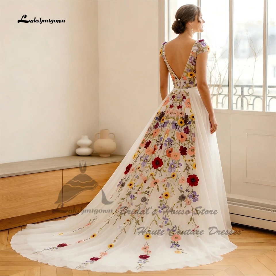 Lakshmigown Sexy Bohemian Bridal Gown A Line Chiffon Wedding Dress Floral Embroidery Lace Beach Bride Dresses 2026 New Arrival
