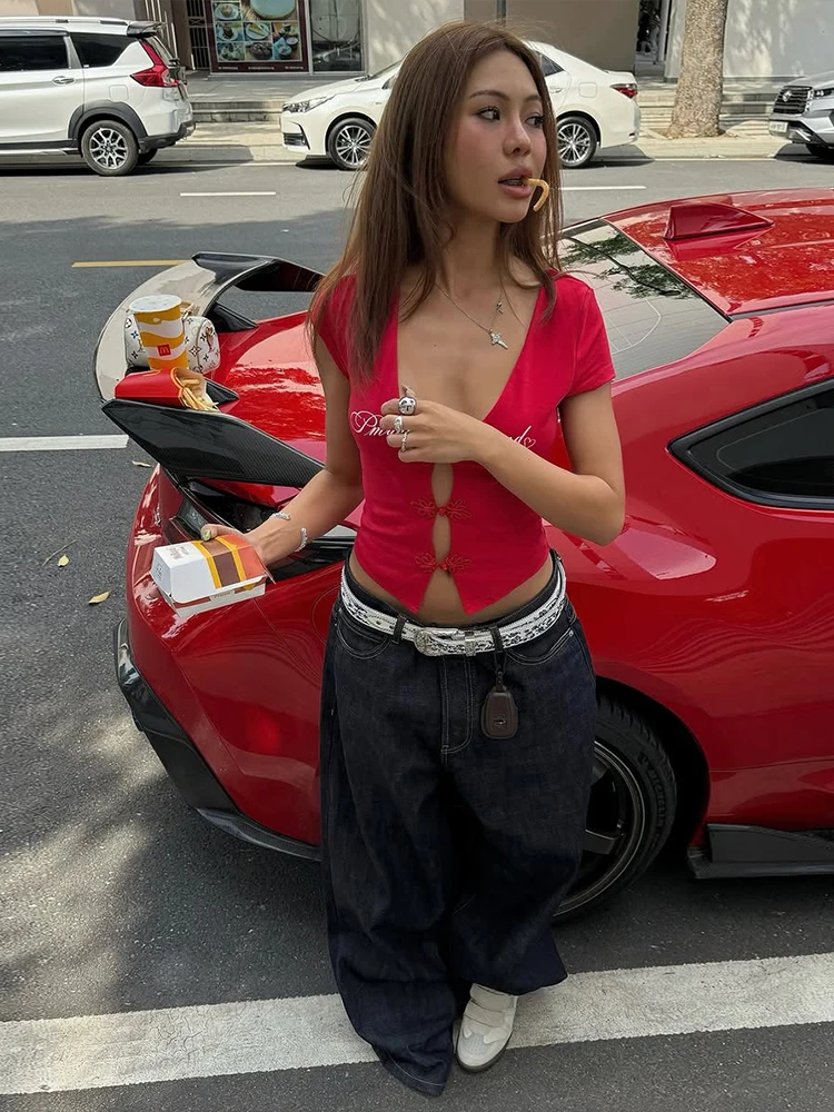 Nibber Letter Print t-Shirt Women Buckle Low-Neck Hollow Skinny Fashion Sexy High Street Hottie Classic Midnight Simple Tops