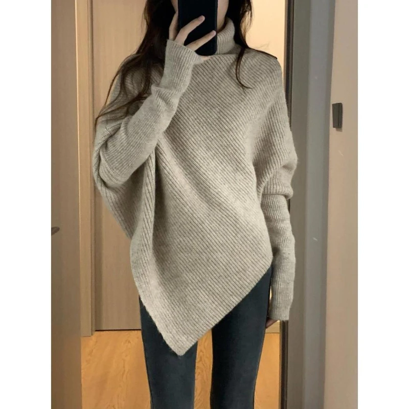 Autumn Winter New Women Sweater Korean Fashion Chic Casual Turtleneck Solid Asymmetr Loose Batwing Sleeve Pullovers Knitted Tops 1