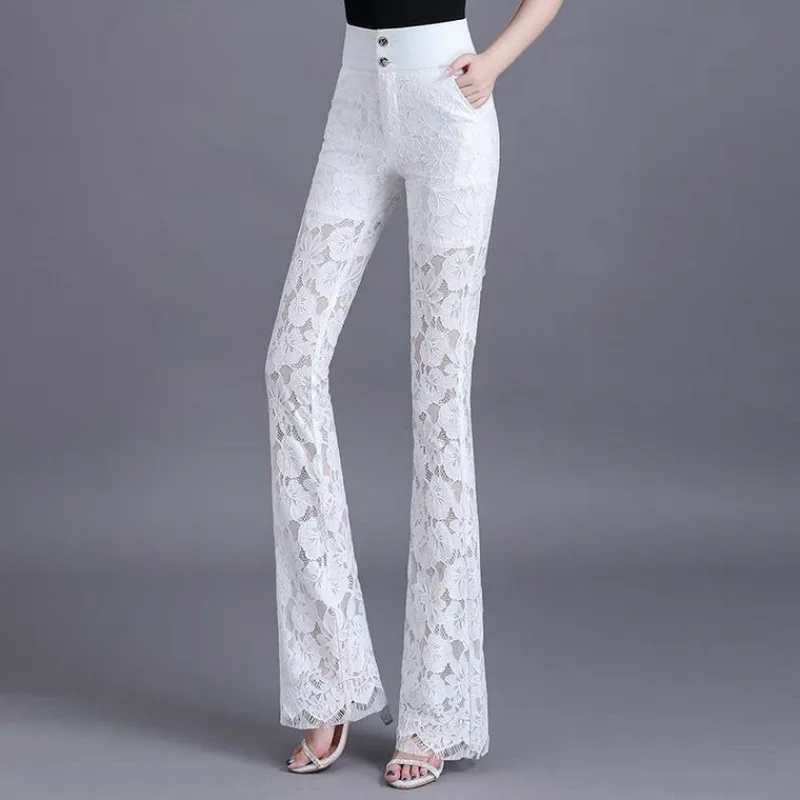 Elegant Vintage Lace Hollow Out Flare Pants for Women 2024 Spring New Office Lady Commuter High Waist Sashes Button Trousers Y2k