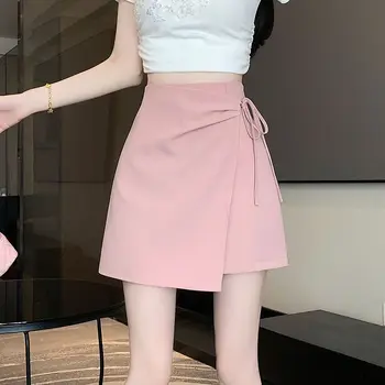 Women's Skirt with Strings Female Skirts Pink Irregular High Waist Short Vintage Korean Style Clothing Sales Aesthetic Modest V 1