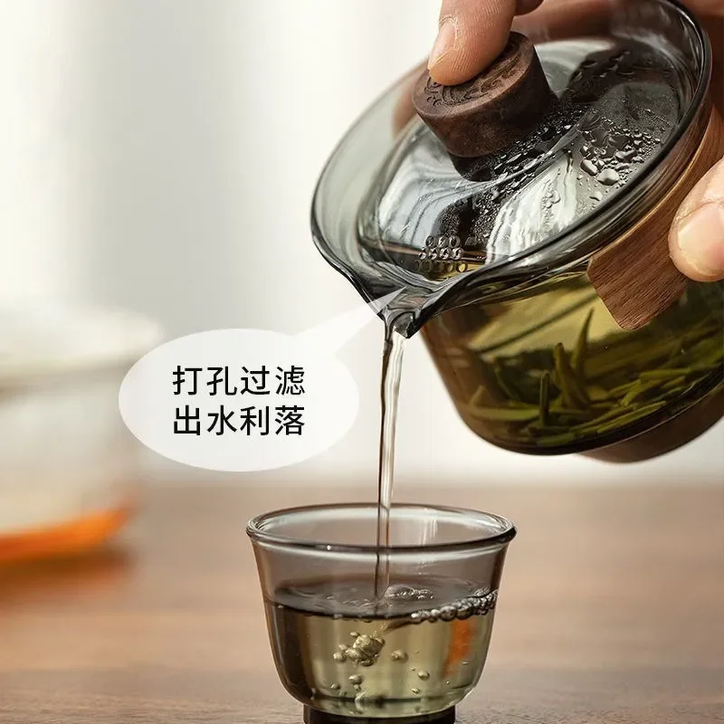 Tea set New High Boron Silicon Glass Gaiwan Cup Cover Wooden Heat Insulation Chinese Tea Bowl Tureen Travel Teaware Sets 200ML