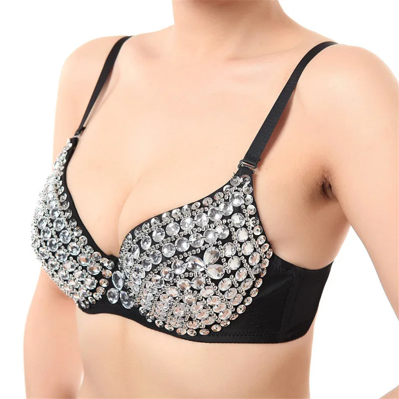 

Sexy Dance Body Bras Ballet Clothes for Girls Push Up Luxury Sequined Bra Lady Punk Studded Sponge Dance Bras for Show Party