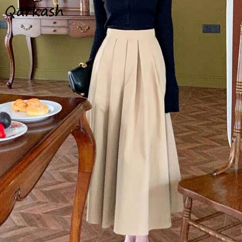 

A-line Midi Skirts Women Spring High Waist Solid Vintage French Style Aesthetic Folds Streetwear All-match Elegant Females Chic