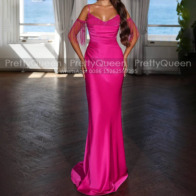 

Beads Tassel Mermaid Prom Dresses Sequins Spaghetti Straps Off Shoulder Long Pleat Sheath Evening Dress Party For Women