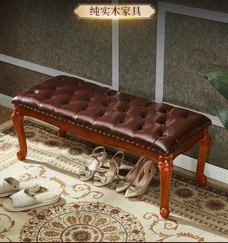 Nordic, Sofahocker aus Leder, langer Stuhl aus massivem Holz, Schuhwechselhocker, Fußhocker, Bank für Freizeitsitze, Nachttischhocker, individuell – Detail 1