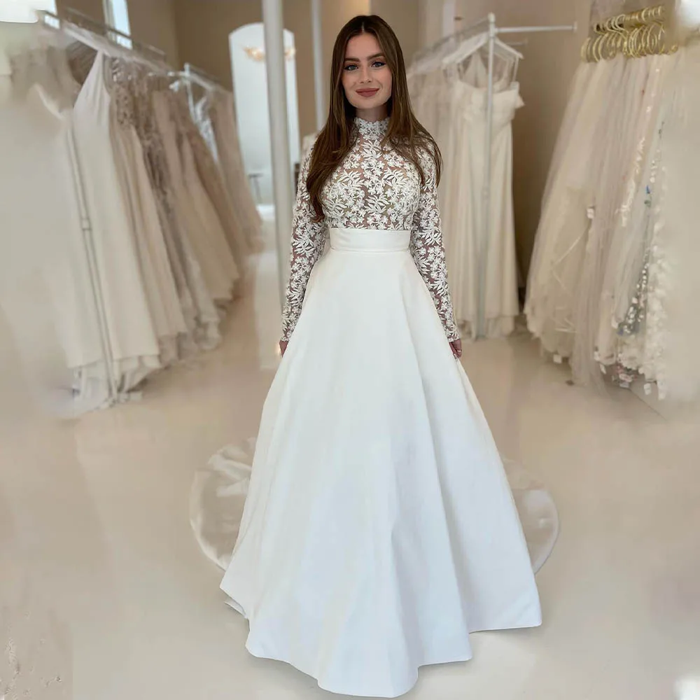 

Elegant High neck Full Sleves Lace A Line Wedding Dresses Custom Made Formal Bridal Grown Rode De Morrie