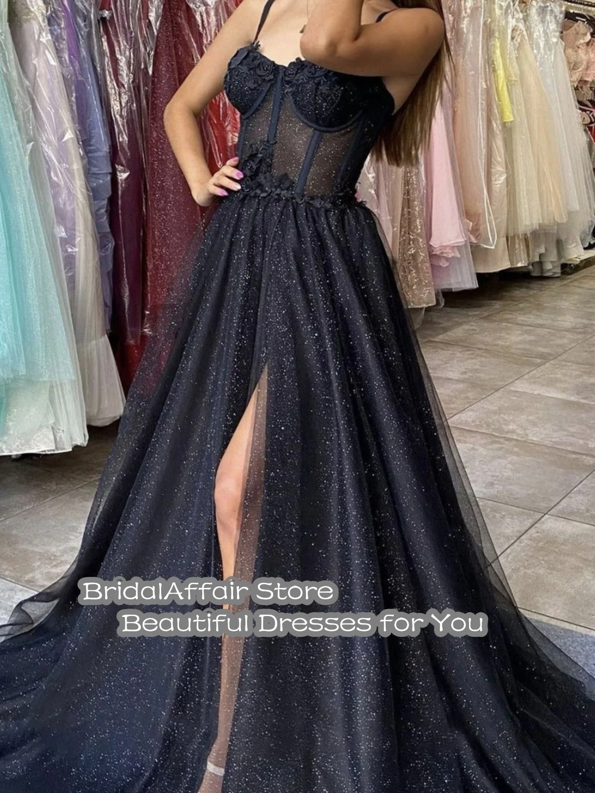 Women Prom Dresses Black Glitter A Line Tulle Spaghetti Straps Sweetheart Bones Side Slit 3D Flowers Long Evening Gowns