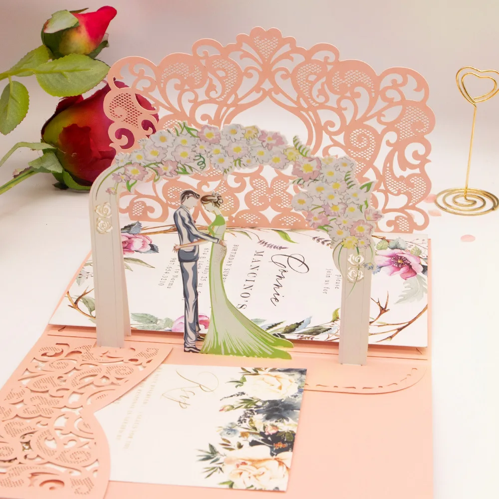 10 pieces 3D Pop Up Pearl White Wedding Invitation High-end Tri-fold Pocket Heart Bride and Groom Greeting Invite Card IC167