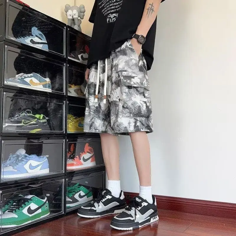 2025 American Black Workwear Shorts Men's Summer High Waisted Youth Pants Casual Tie Dye Large Pocket Five Quarter Horse Pants 5