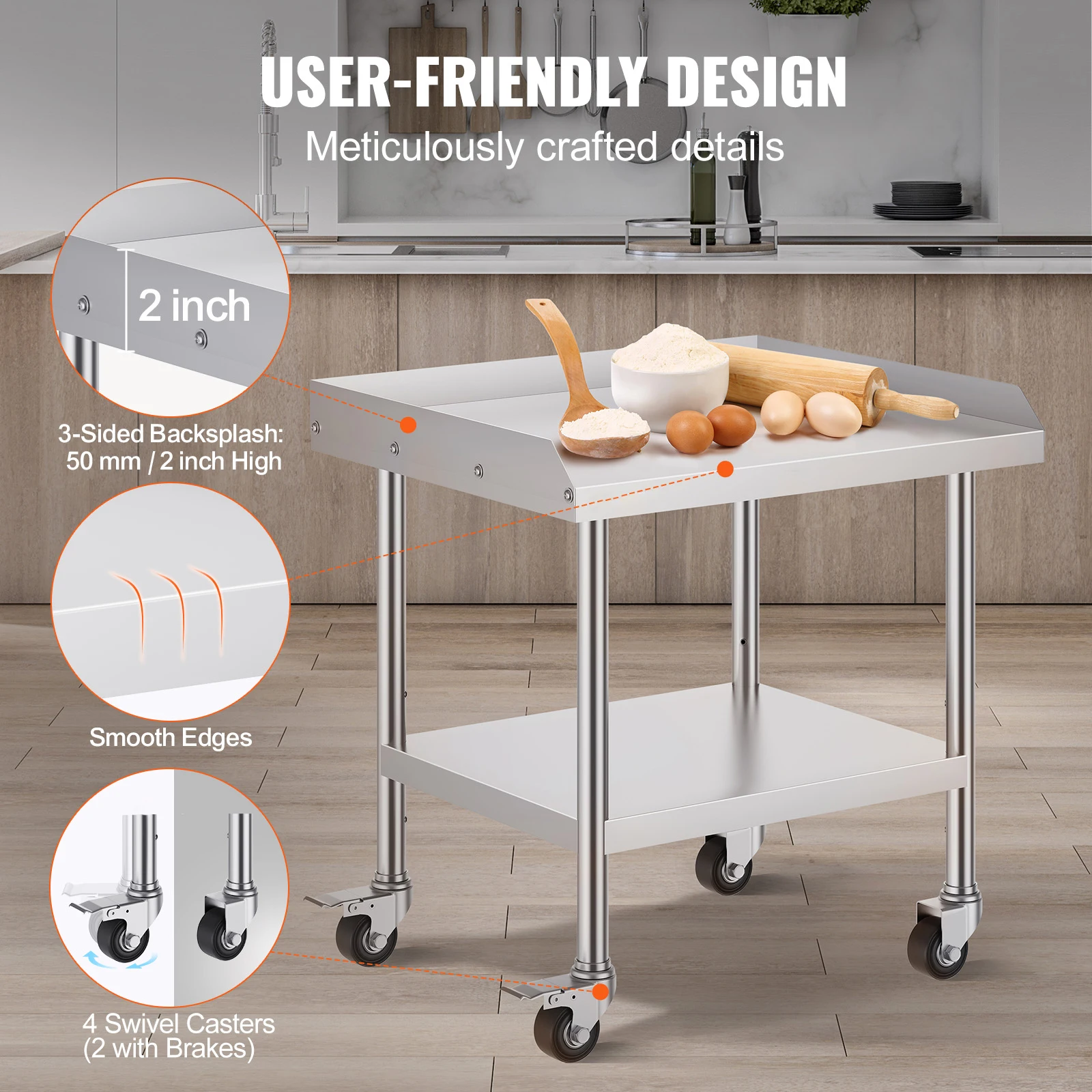 Stainless Steel Commercial Work Table with 4 Wheels for Food Prep