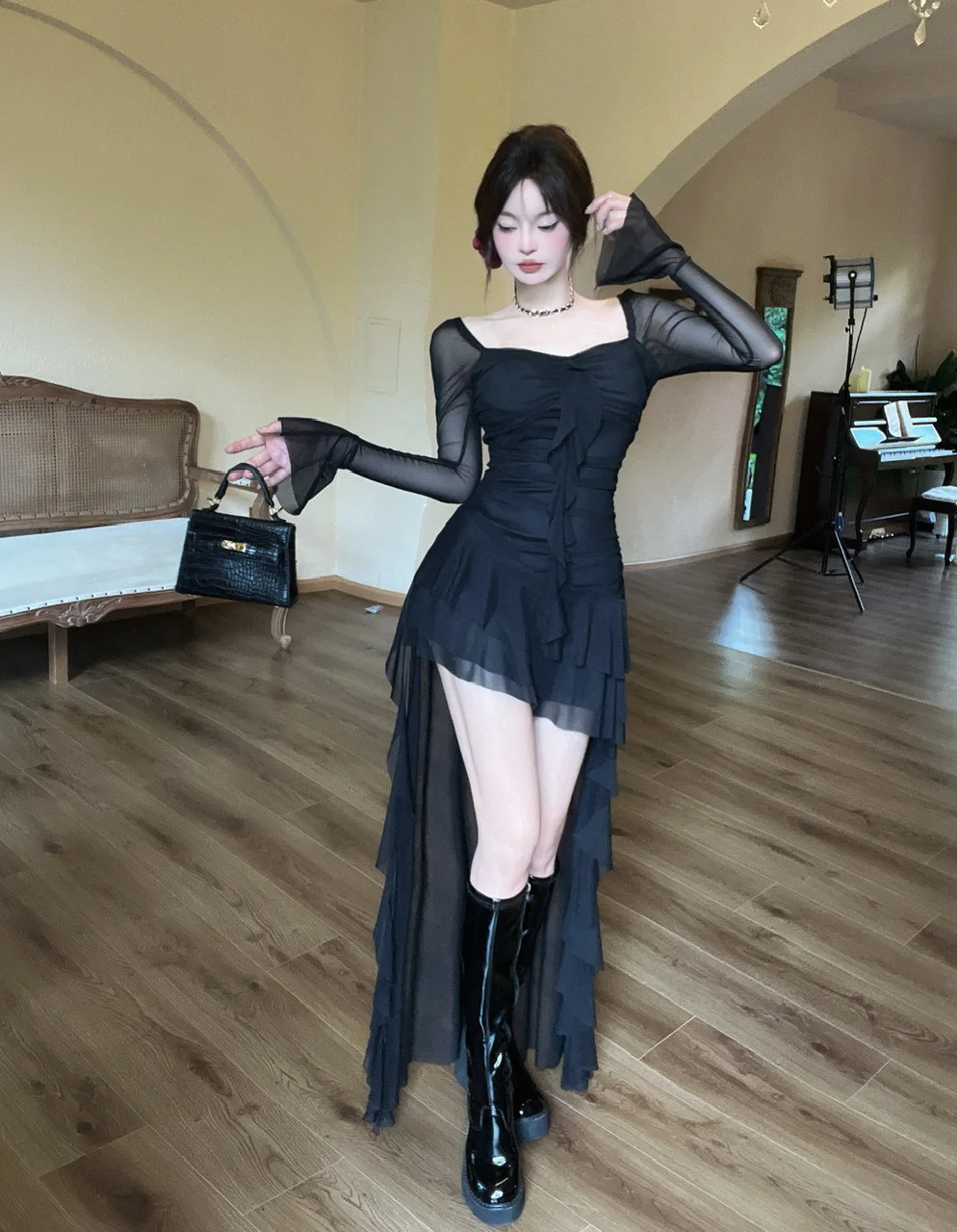 Vestido de fiesta de noche irregular Y2K de malla de manga larga con cuello cuadrado y volantes, corte en A, sexy, moda coreana