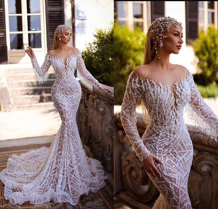 

Fancy Mermaid Sheer Neck Jewel Wedding Dress Crystals Tassels Bridal Gowns Custom Made Illusion Sweep Train Vestido de novia
