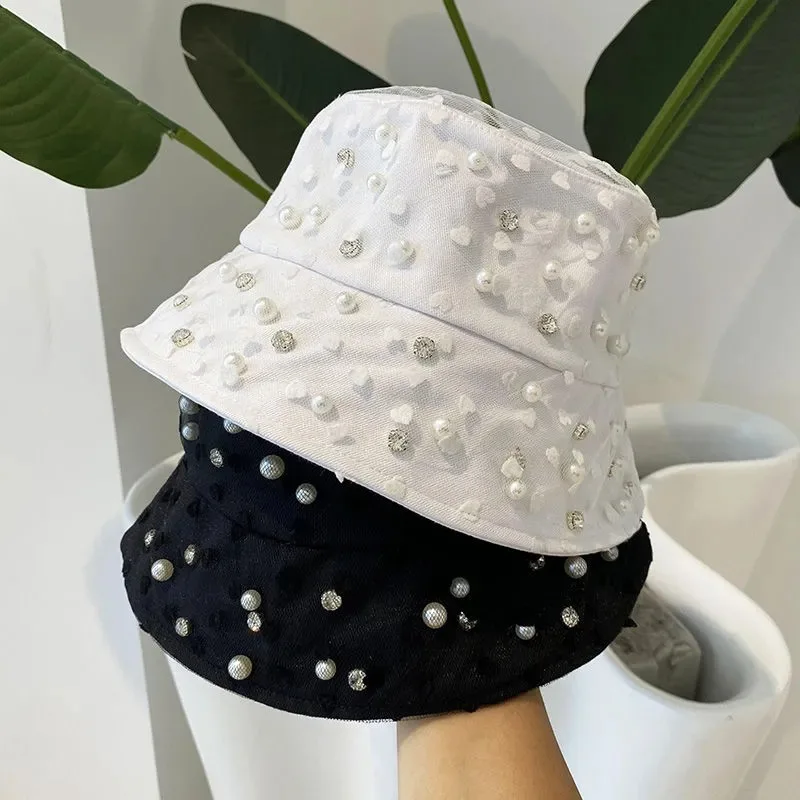 

Spring Breathable Cotton Mesh Bucket Hats for Women Pearls Studded Summer Sun Hat Girls Casual Street Sombrero Panama Hat Caps