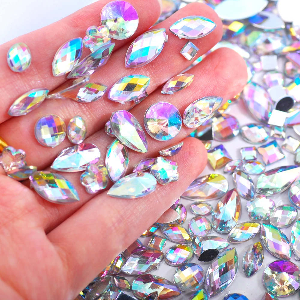 

300PCS/Bag Various Shapes Mix Acrylic Flat Bottom Flash AB Crystal Rhinestone For DIY Nail Art/Clothing Design Decoration